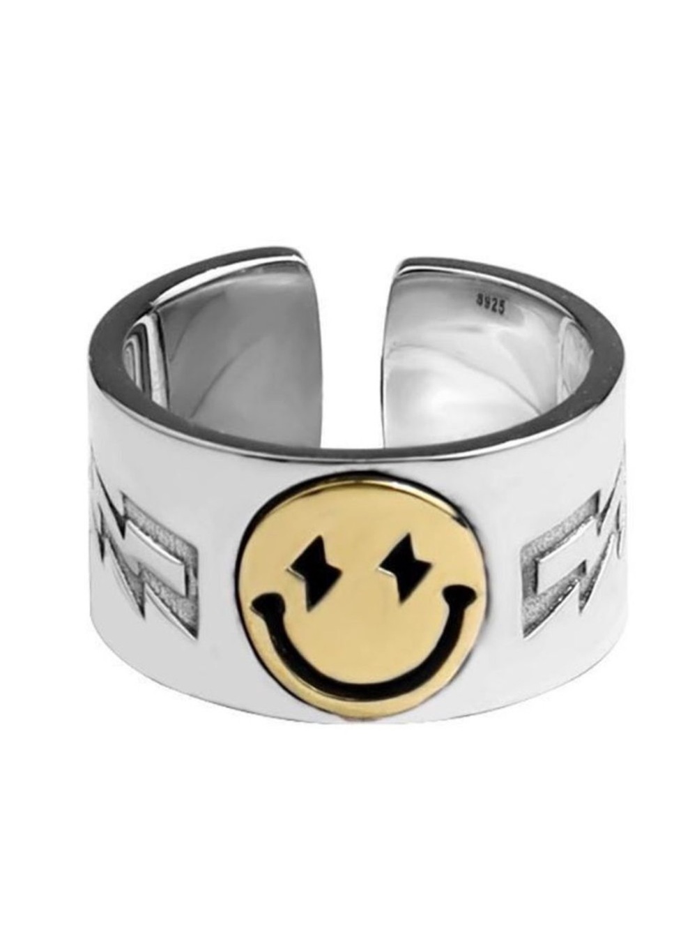 925 Sterling Silver Smiley Face Ring Gold Lightning Bolt Y2K Emo Adjustable